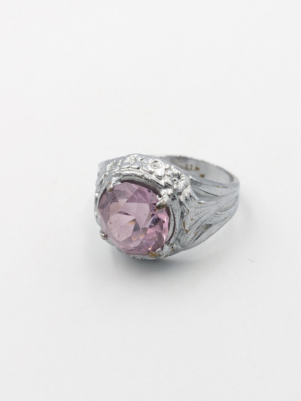 Vintage signed Uncase silver tone pink rhinestone ring